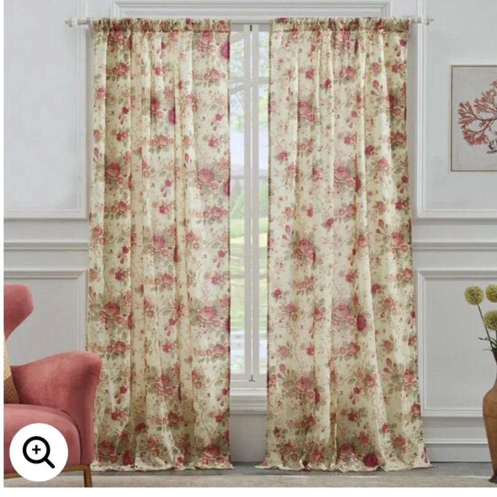 New Antique Rose Curtain Panel & Tie Back Set 84”x42”